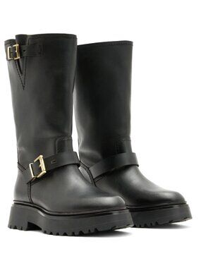 AllSaints Women's Marisa Biker Moto Boots in Black Leather Size 39 / US 9